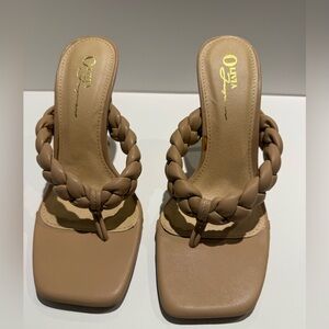 Olivia Ferguson Tan Leather Braided Square Toe Thong Sandal Heels